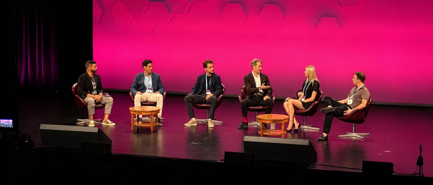 Six panellists seated in low chairs across a wide stage lit magenta, CV Summit, Zug.